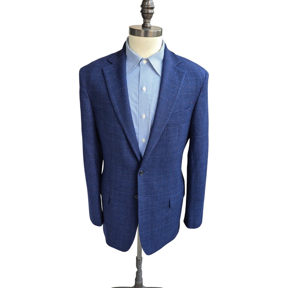 Jos. A. Bank 1905 Tailored Fit Blue Grey Plaid Wool Blend Sport Coat Blazer 42 L